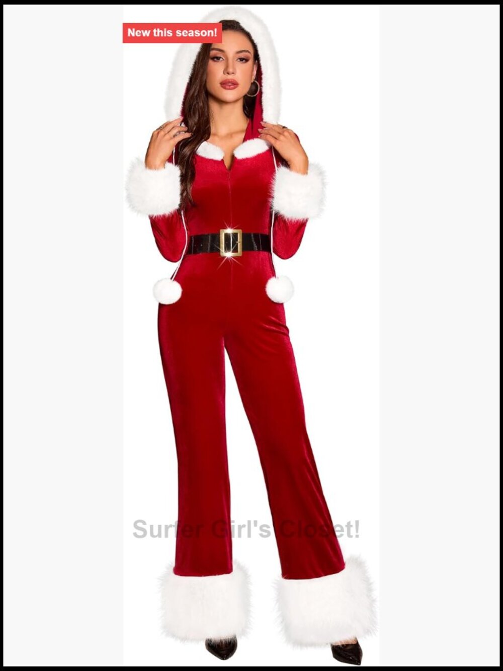 Velvet Santa Costume Jumpsuit Faux Fur Trim Hooded One Piece Belted